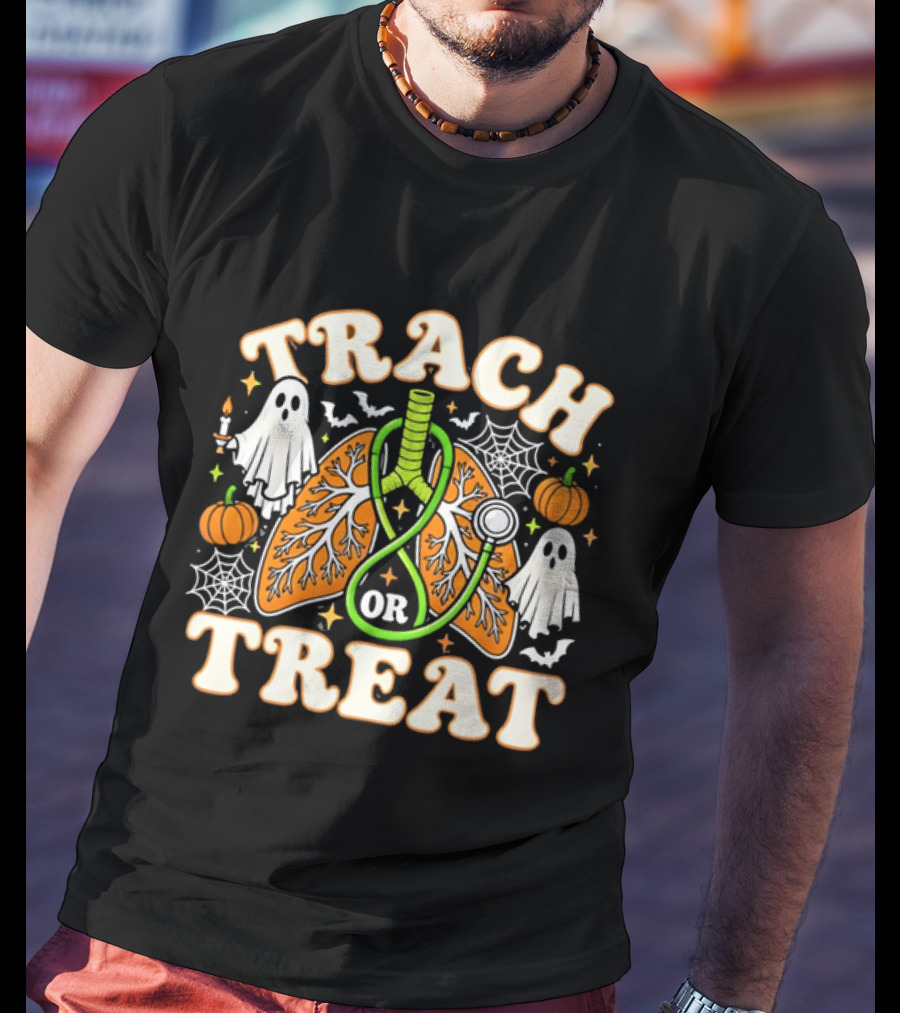 Trach Or Treat Lungs Stethoscope Ghosts Pumpkins Spider Webs Halloween Cartoon T-Shirt