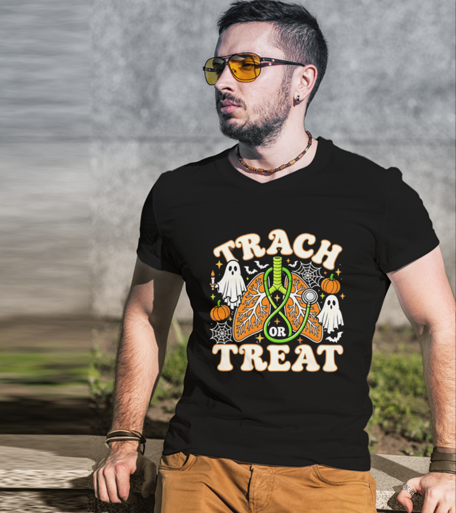 Trach Or Treat Lungs Stethoscope Ghosts Pumpkins Spider Webs Halloween Cartoon T-Shirt