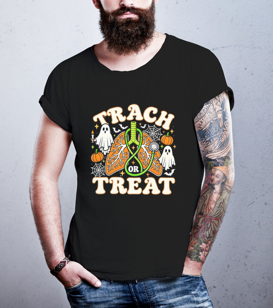 Trach Or Treat Lungs Stethoscope Ghosts Pumpkins Spider Webs Halloween Cartoon T-Shirt