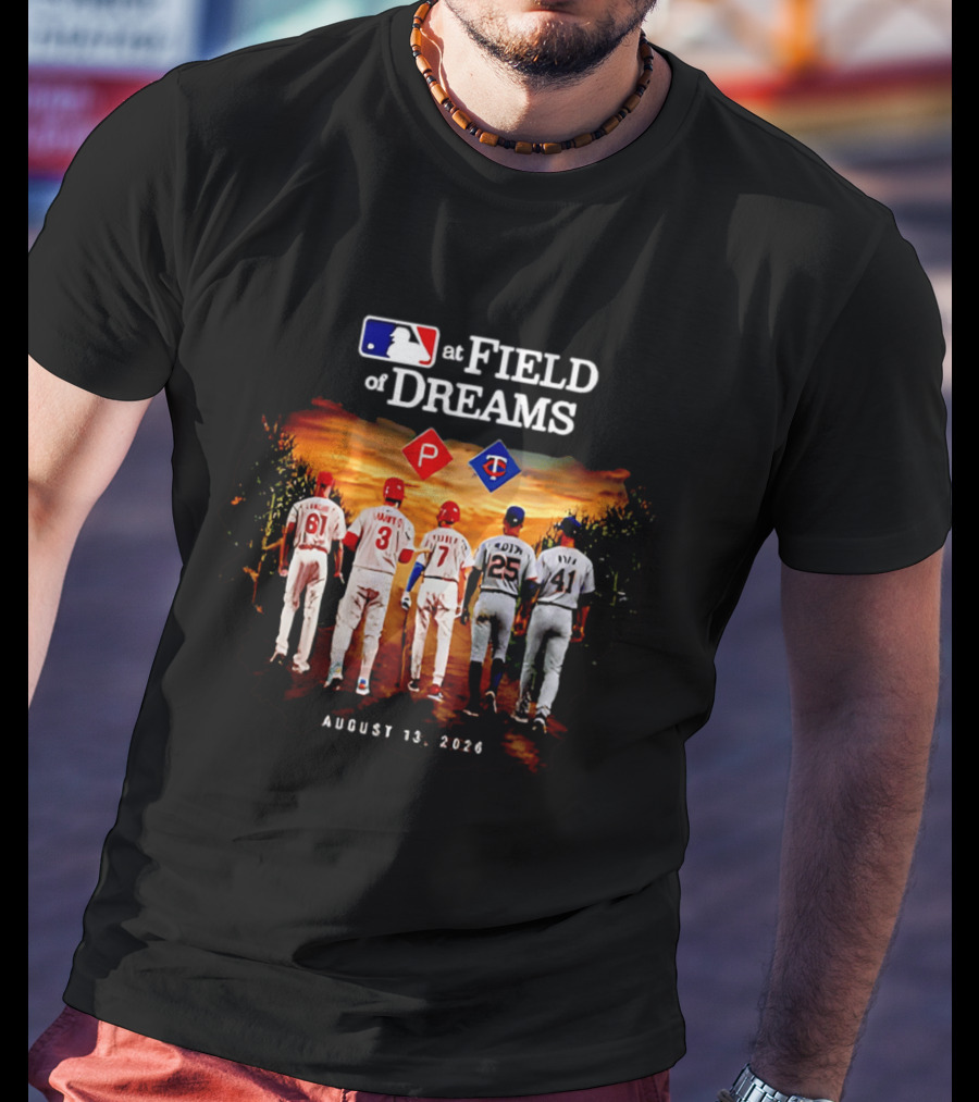 MLB At Field Of Dreams August 13 2026 Philadelphia Minnesota Players Walking Into Cornfield T-Shirt