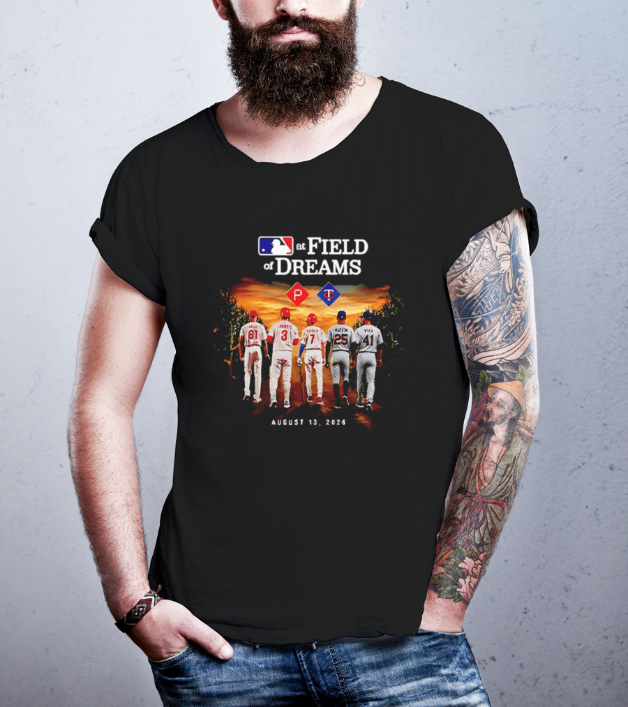 MLB At Field Of Dreams August 13 2026 Philadelphia Minnesota Players Walking Into Cornfield T-Shirt