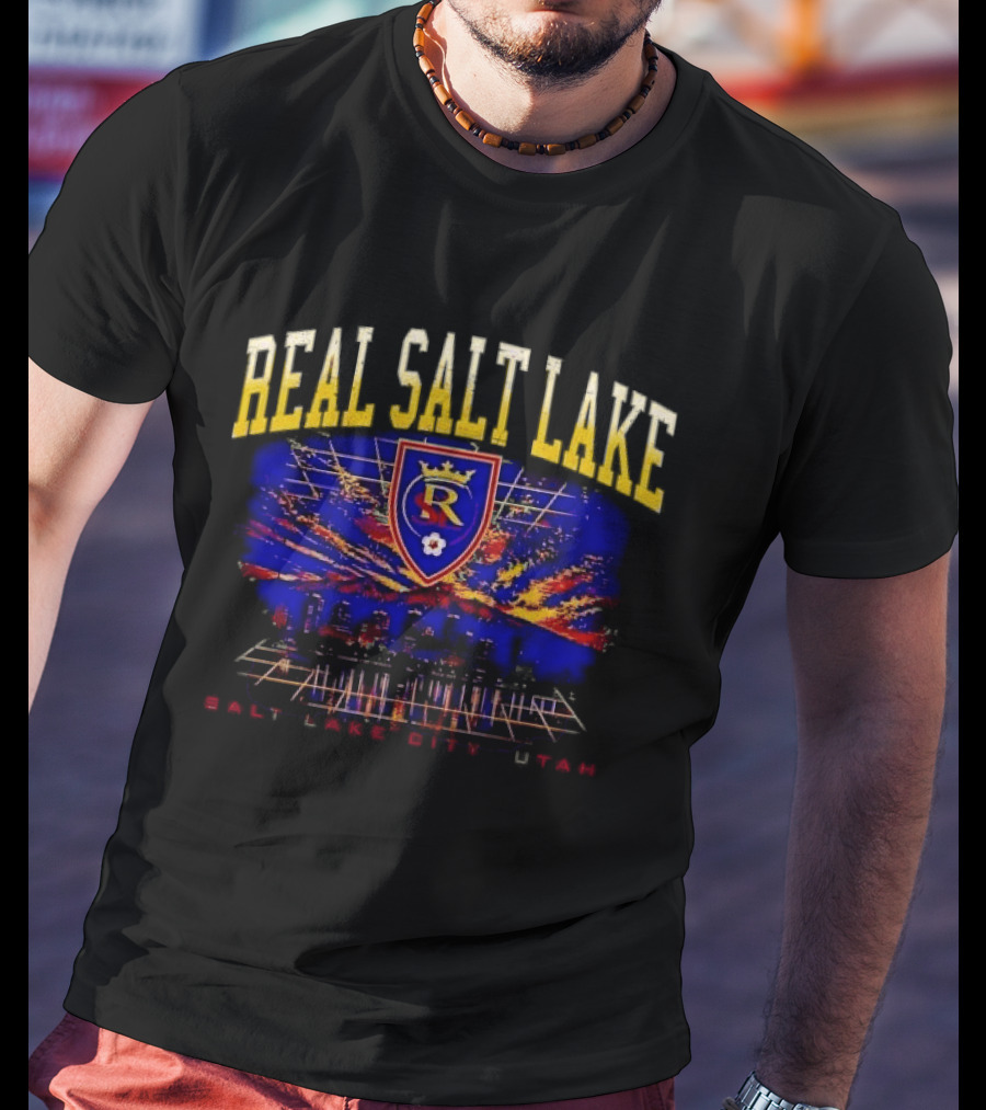 Real Salt Lake City Utah Skyline Crest Sunset Grid Distressed T-Shirt