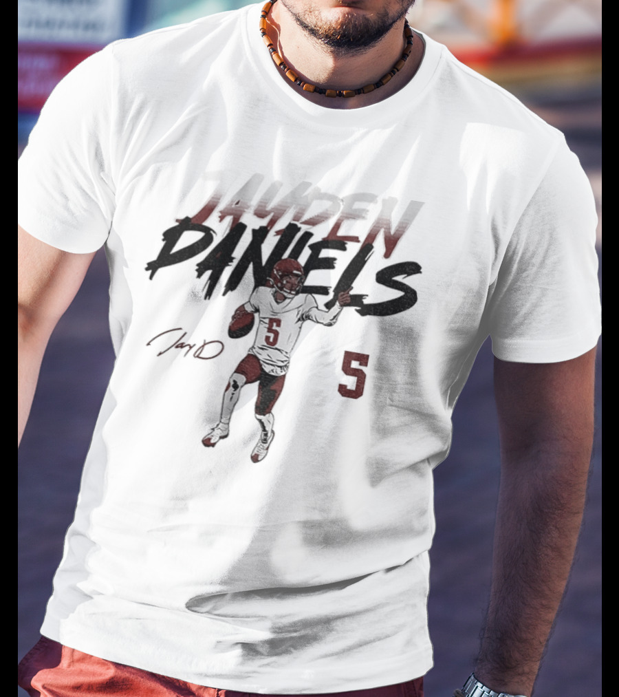Jayden Daniels Number 5 Washington Football Player Pose T-Shirt