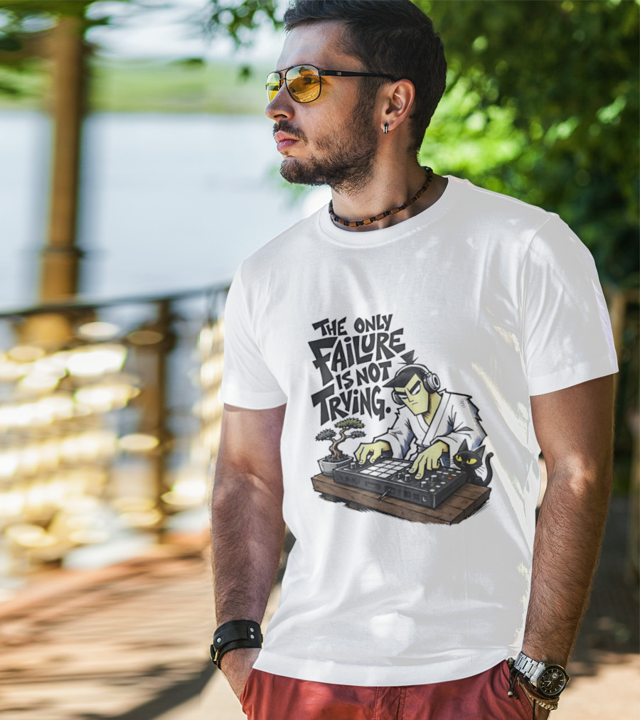 The Only Failure Is Not Trying Samurai DJ With Cat And Bonsai T-Shirt