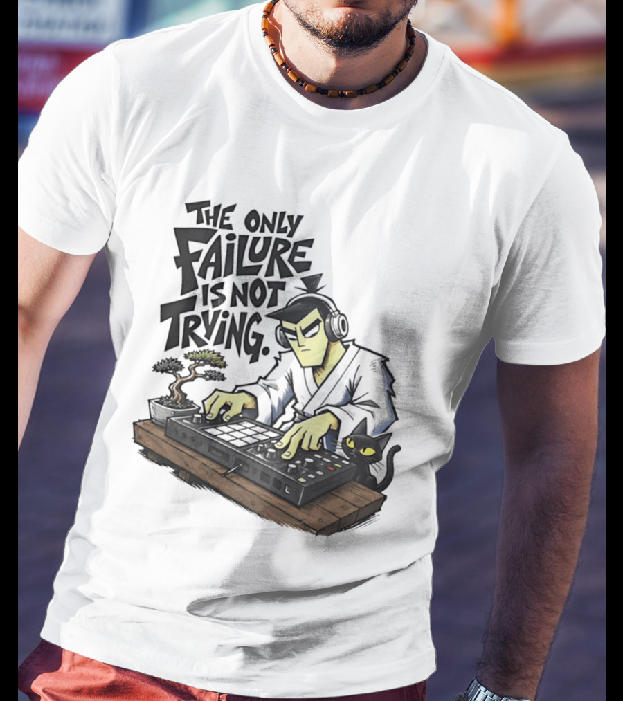 The Only Failure Is Not Trying Samurai DJ With Cat And Bonsai T-Shirt