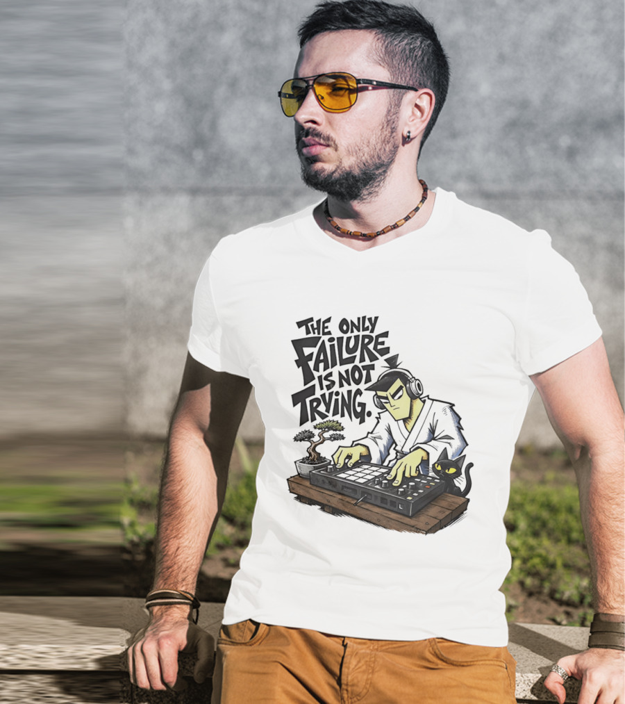 The Only Failure Is Not Trying Samurai DJ With Cat And Bonsai T-Shirt