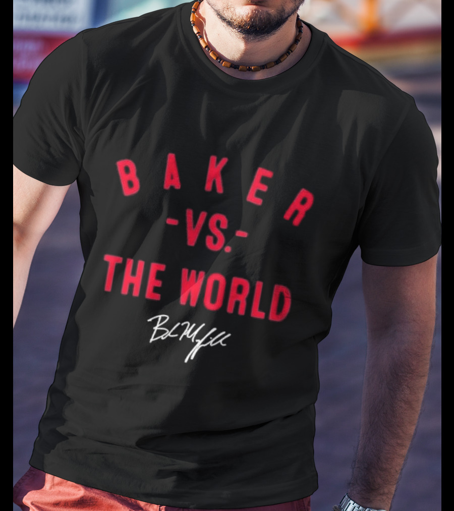 Baker Vs The World Red Curved Block Mayfield Signature T-Shirt