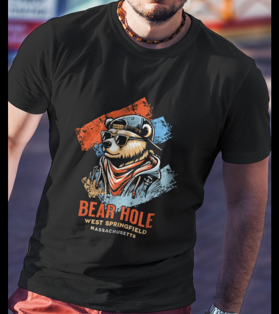 Bear Hole West Springfield Massachusetts Bear Wearing Sunglasses Cap Bandana Distressed T-Shirt