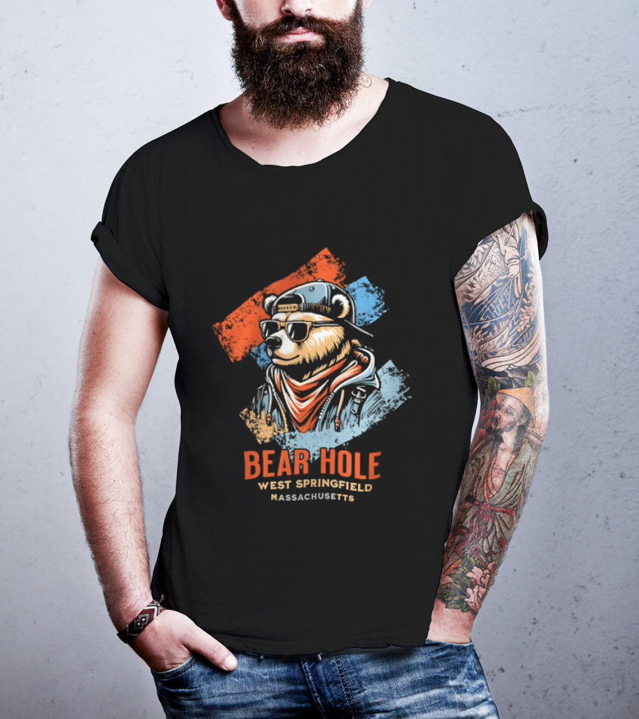 Bear Hole West Springfield Massachusetts Bear Wearing Sunglasses Cap Bandana Distressed T-Shirt