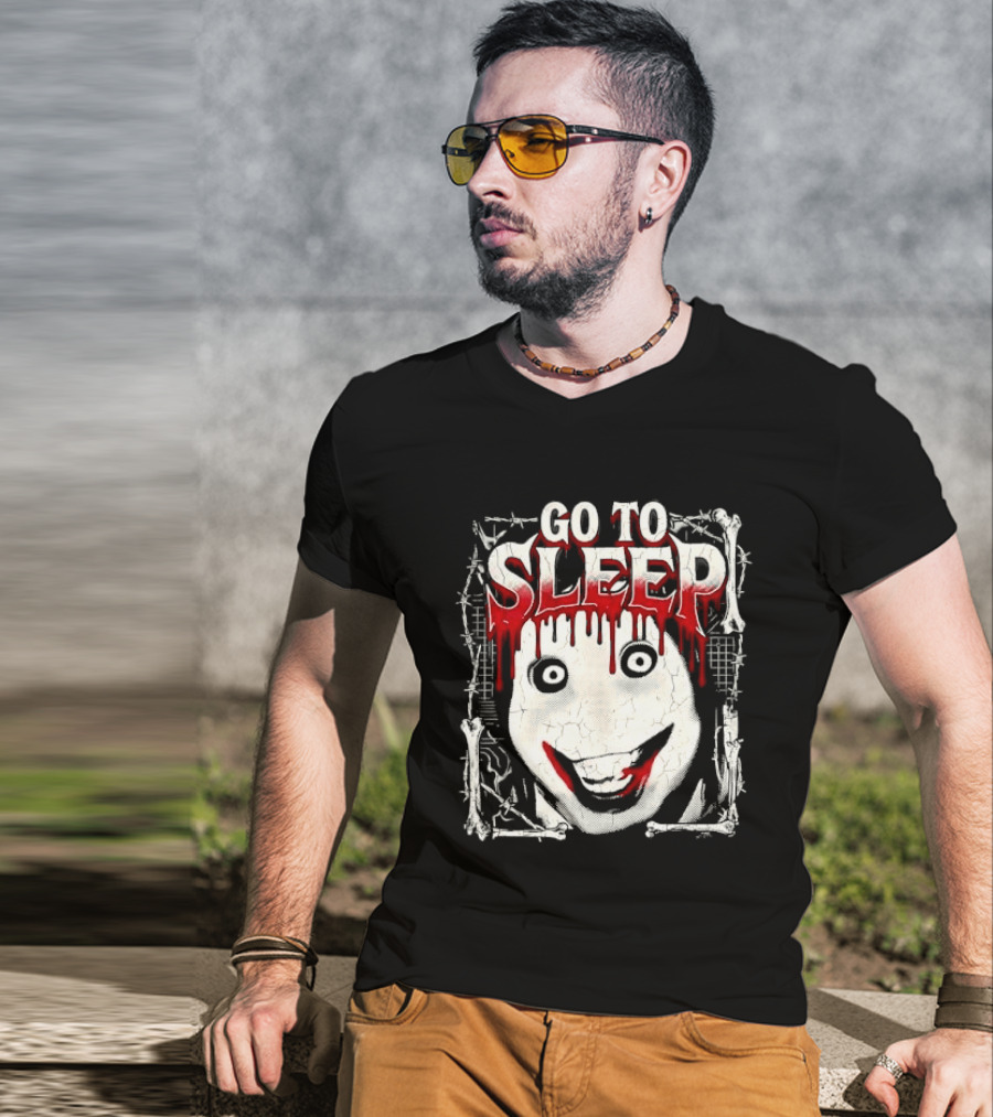 Go To Sleep Creepy Pale Face Bloody Smile Barbed Wire Bones T-Shirt