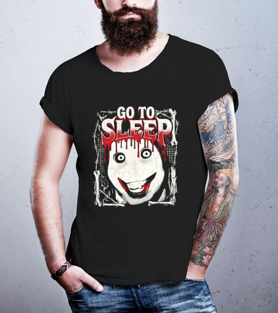 Go To Sleep Creepy Pale Face Bloody Smile Barbed Wire Bones T-Shirt