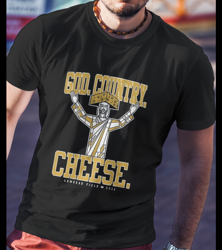 God Country Cheese Lambeau Field 2026 Jesus Statue Wearing Cheesehead T-Shirt