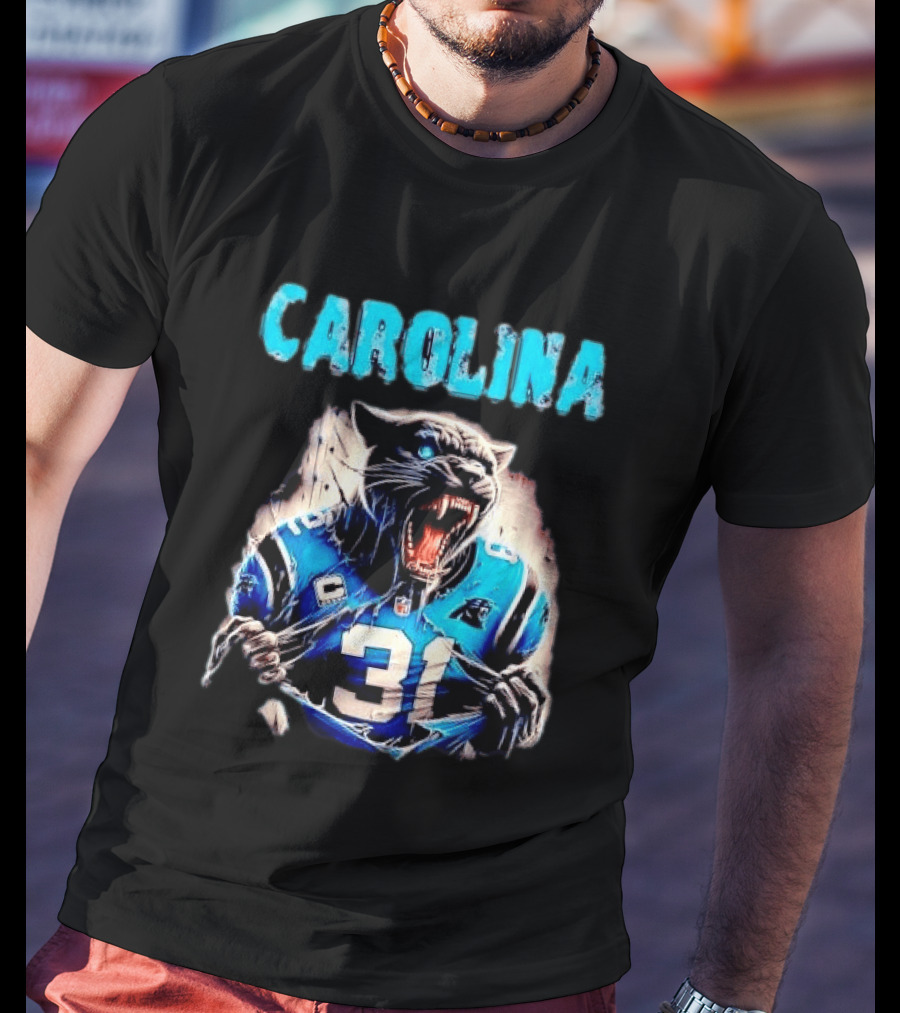 Carolina Panthers Snarling Beast Tearing Blue Jersey 31 T-Shirt
