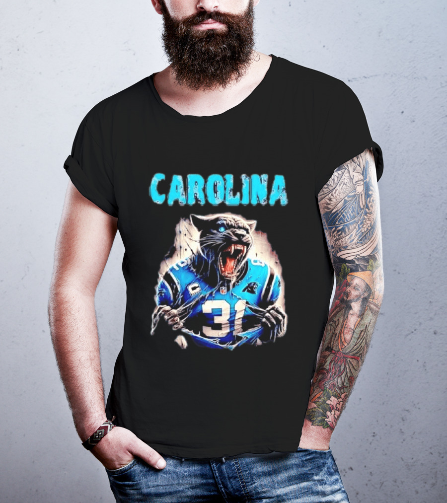 Carolina Panthers Snarling Beast Tearing Blue Jersey 31 T-Shirt