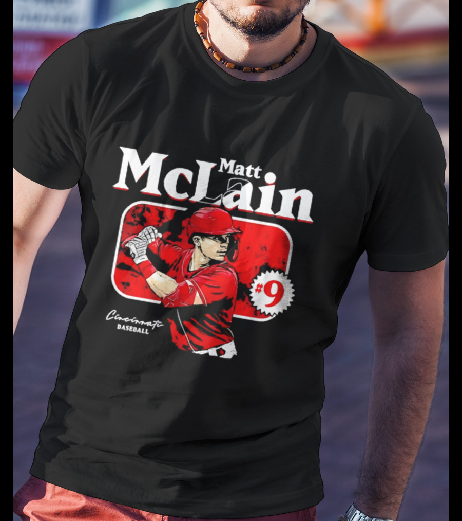 Matt McLain Cincinnati Baseball Number 9 Batter Stance Red Frame T-Shirt