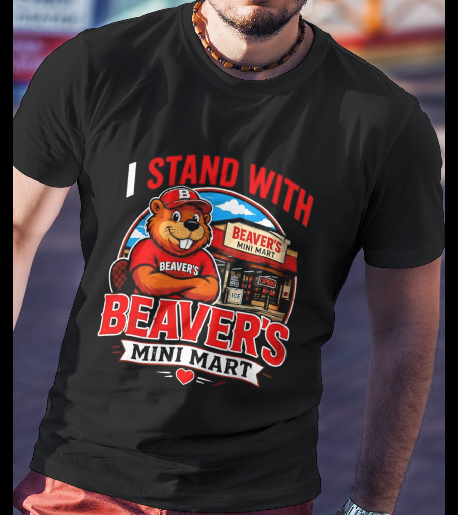 I Stand With Beaver's Mini Mart Cartoon Character Storefront T-Shirt