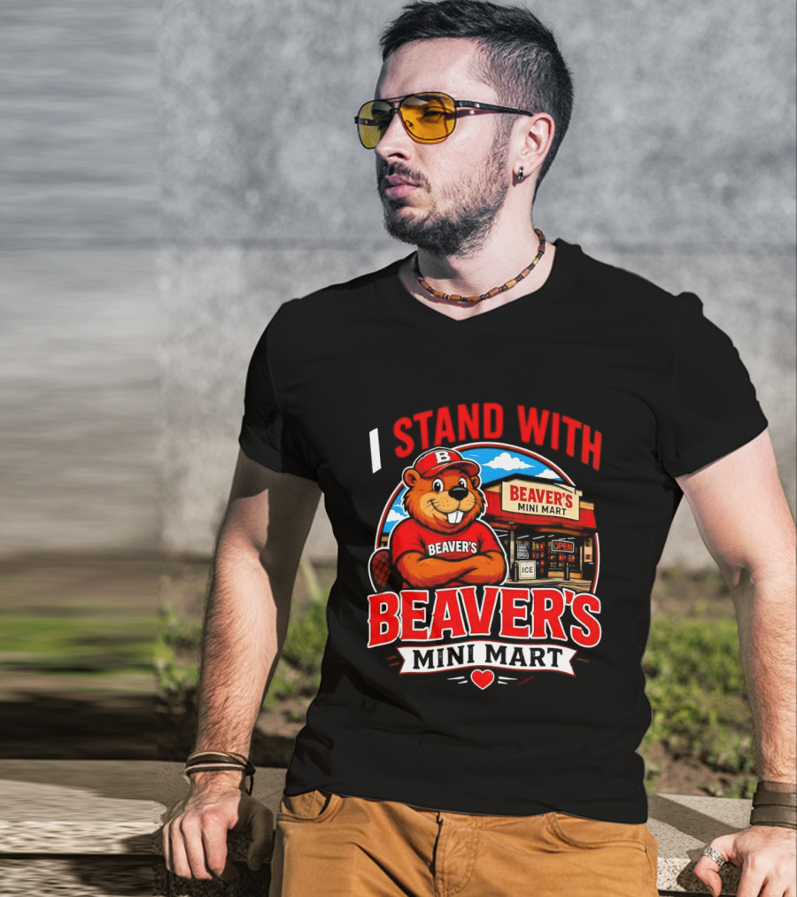 I Stand With Beaver's Mini Mart Cartoon Character Storefront T-Shirt