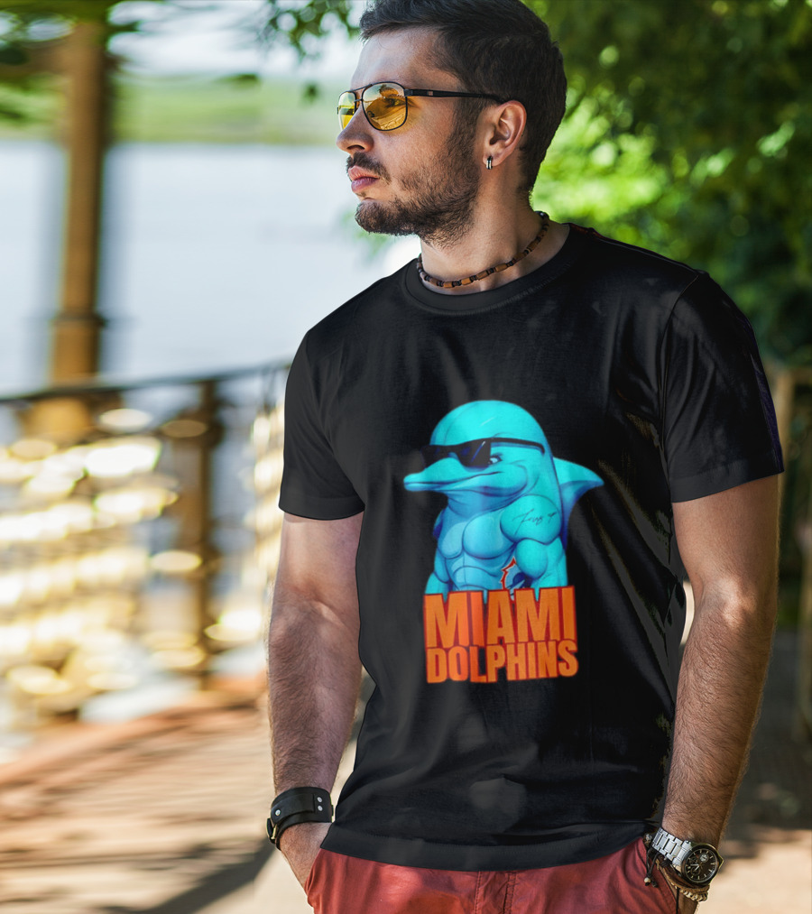 Miami Dolphins Fins Up Muscular Cartoon Sunglasses Tattoo T-Shirt