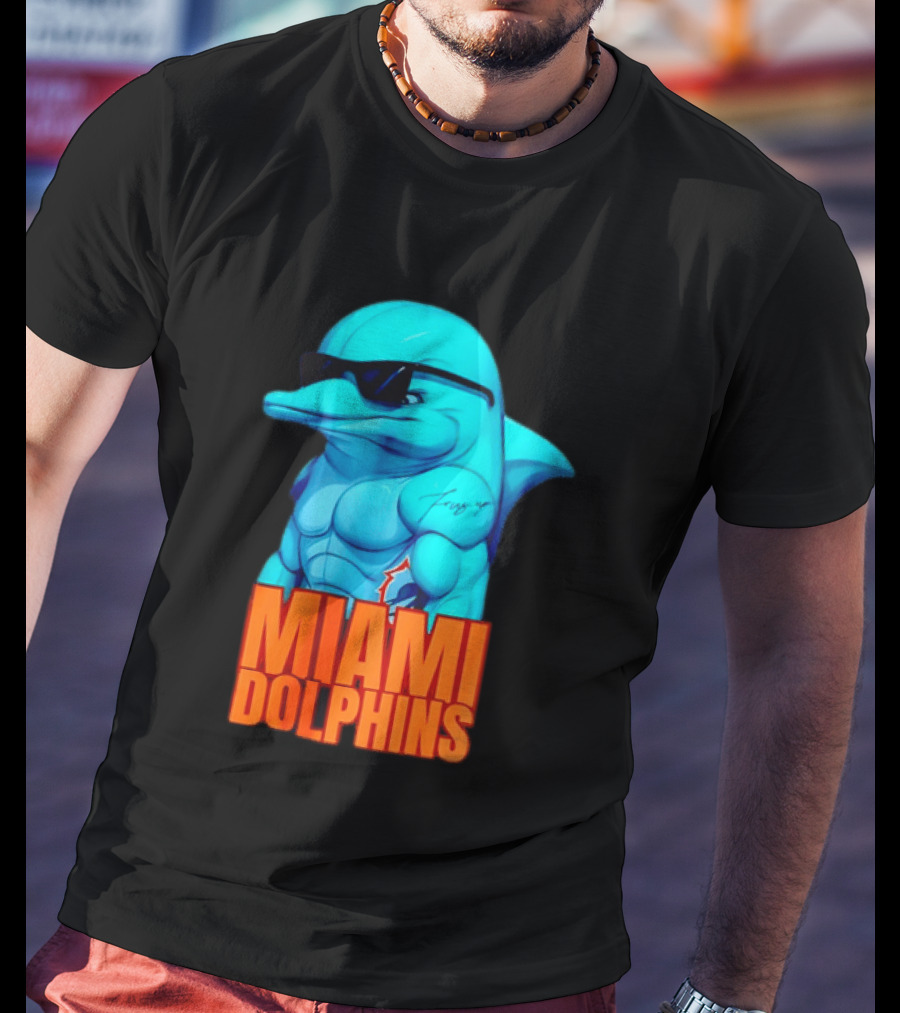 Miami Dolphins Fins Up Muscular Cartoon Sunglasses Tattoo T-Shirt