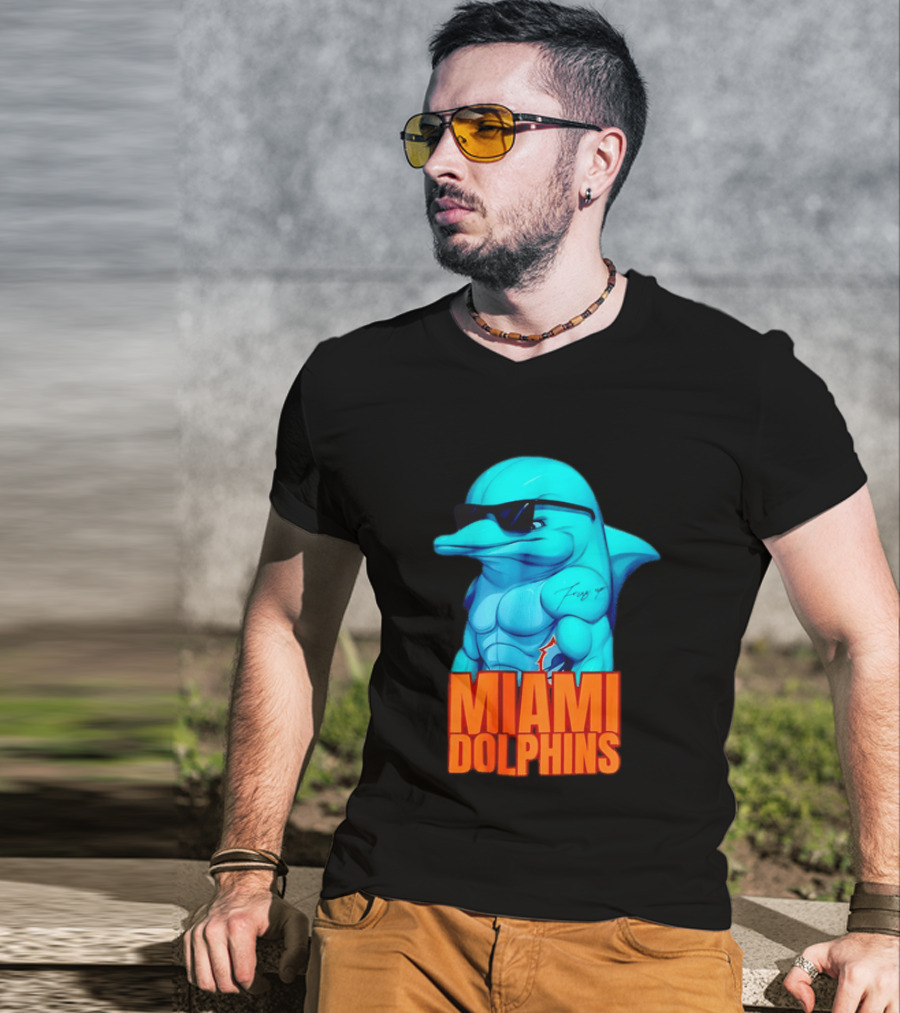 Miami Dolphins Fins Up Muscular Cartoon Sunglasses Tattoo T-Shirt