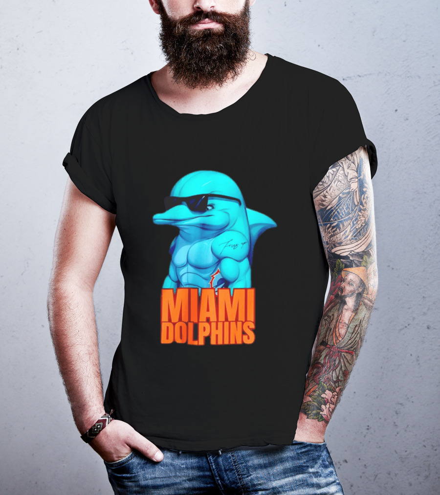 Miami Dolphins Fins Up Muscular Cartoon Sunglasses Tattoo T-Shirt
