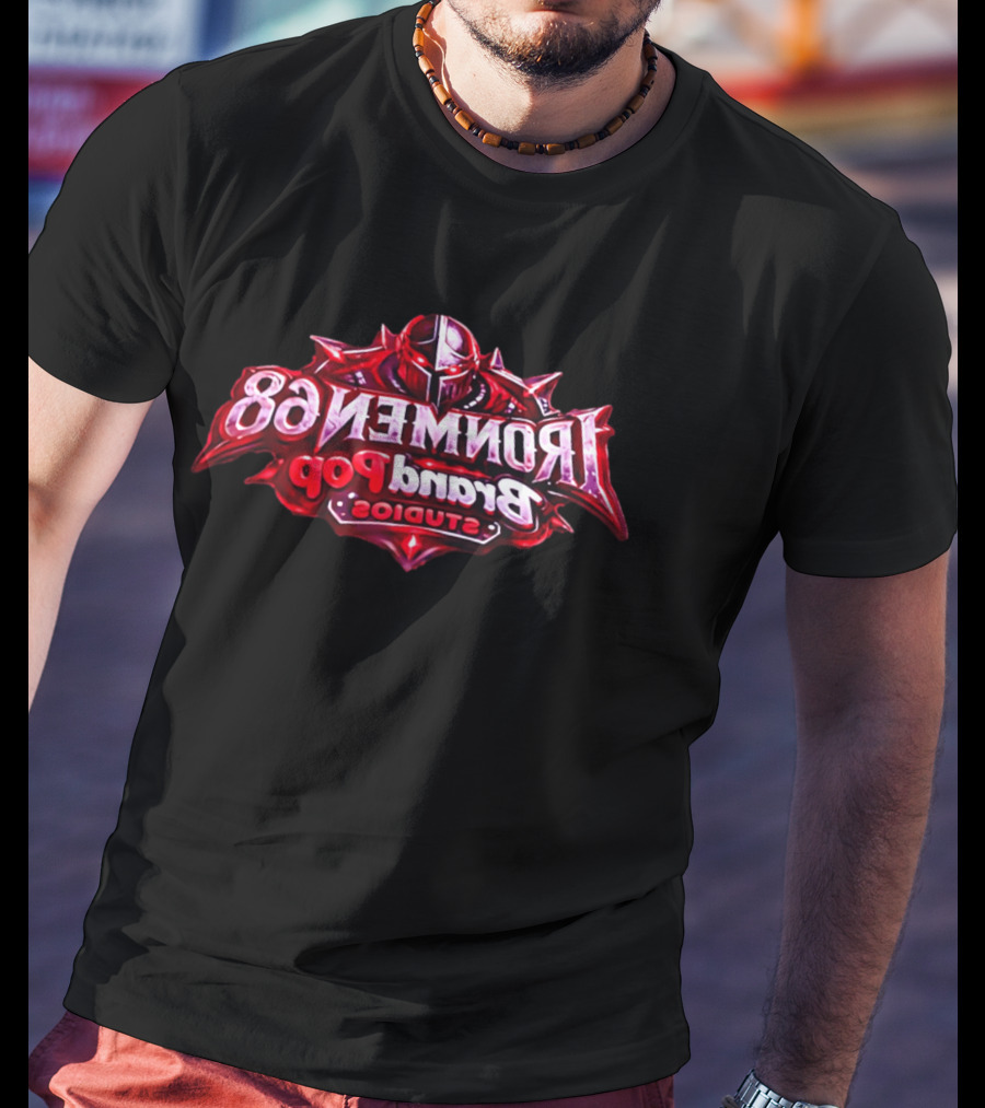 Ironmen 68 Brand Pop Studios Armored Knight Helmet Red Glowing Eyes T-Shirt
