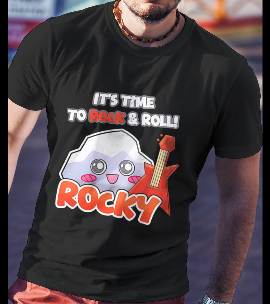 It's Time To Rock And Roll Rocky Rock With Guitar Cute Cartoon T-Shirt