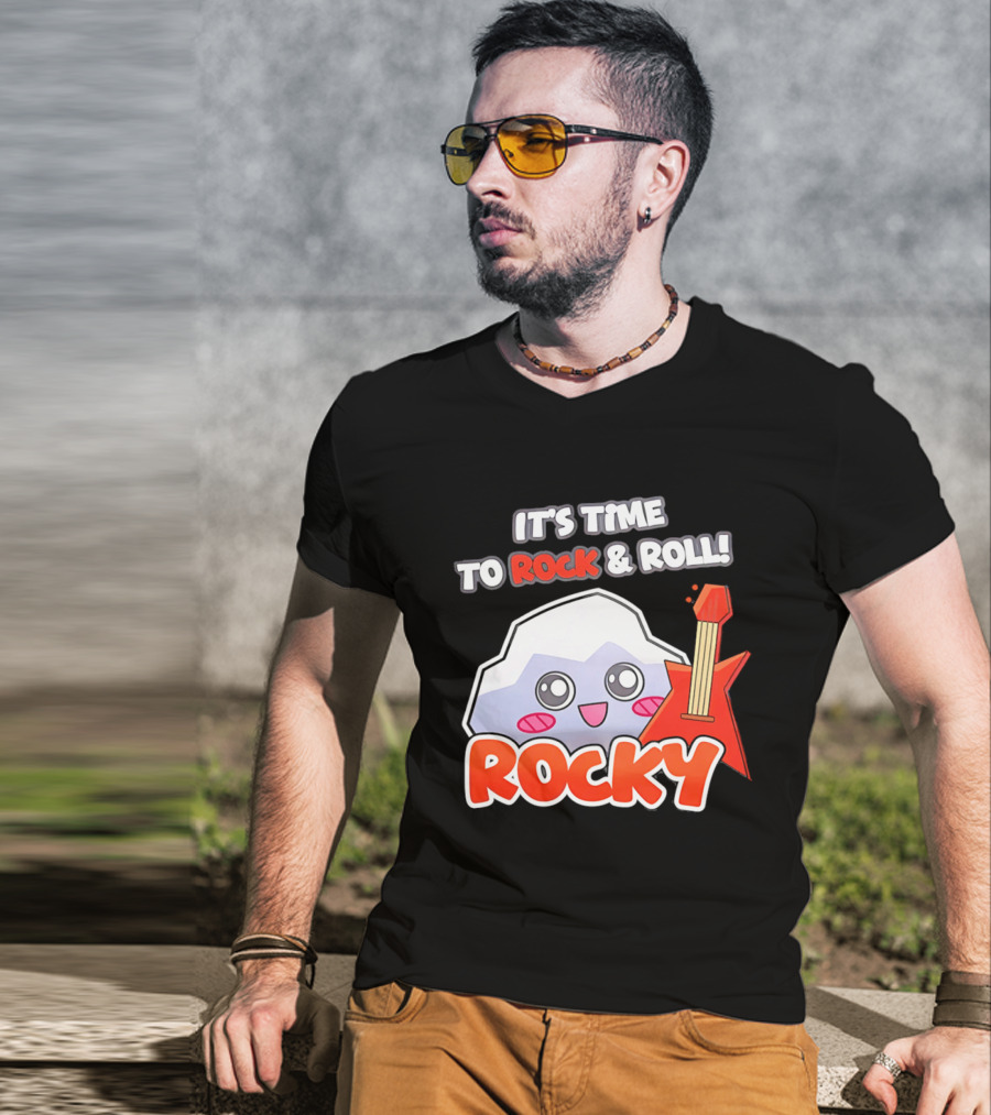It's Time To Rock And Roll Rocky Rock With Guitar Cute Cartoon T-Shirt