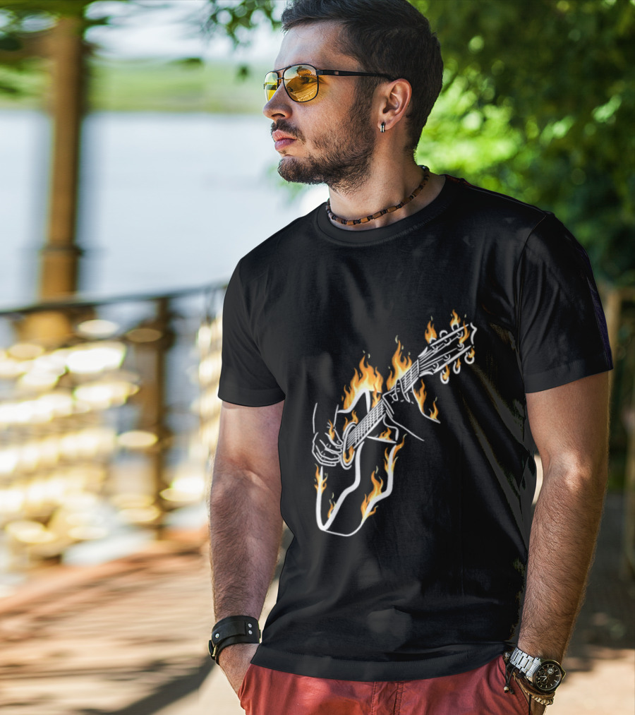 Musician Hands Flaming Acoustic Guitar White Line Artistry T-Shirt
