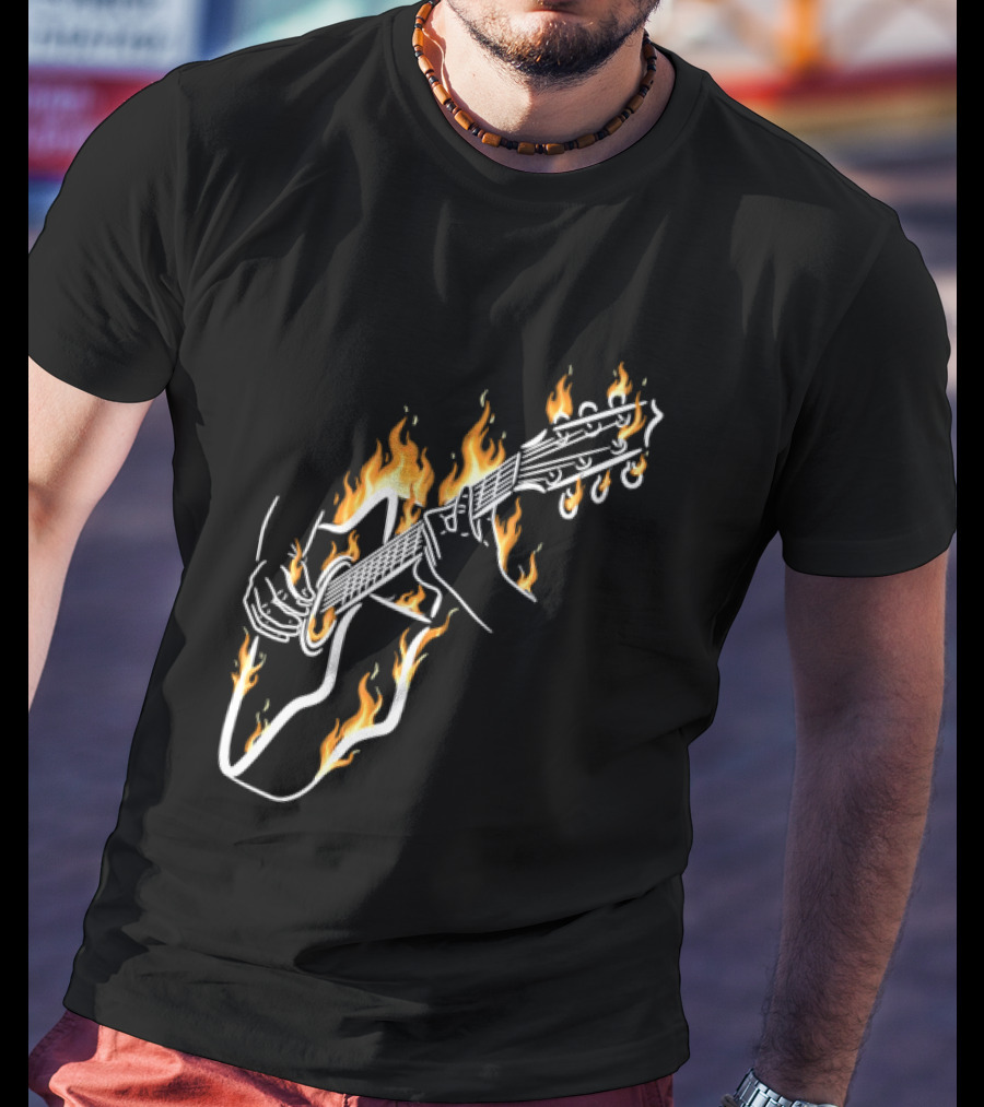 Musician Hands Flaming Acoustic Guitar White Line Artistry T-Shirt