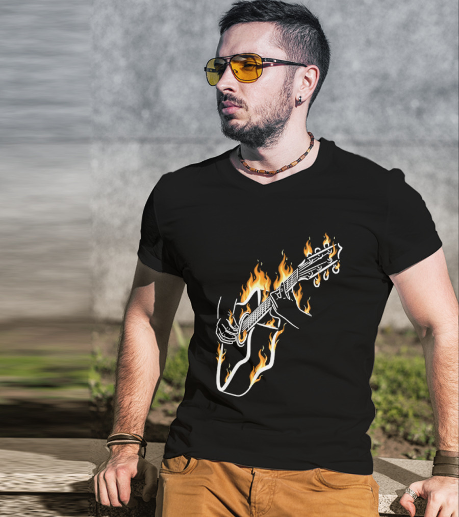 Musician Hands Flaming Acoustic Guitar White Line Artistry T-Shirt