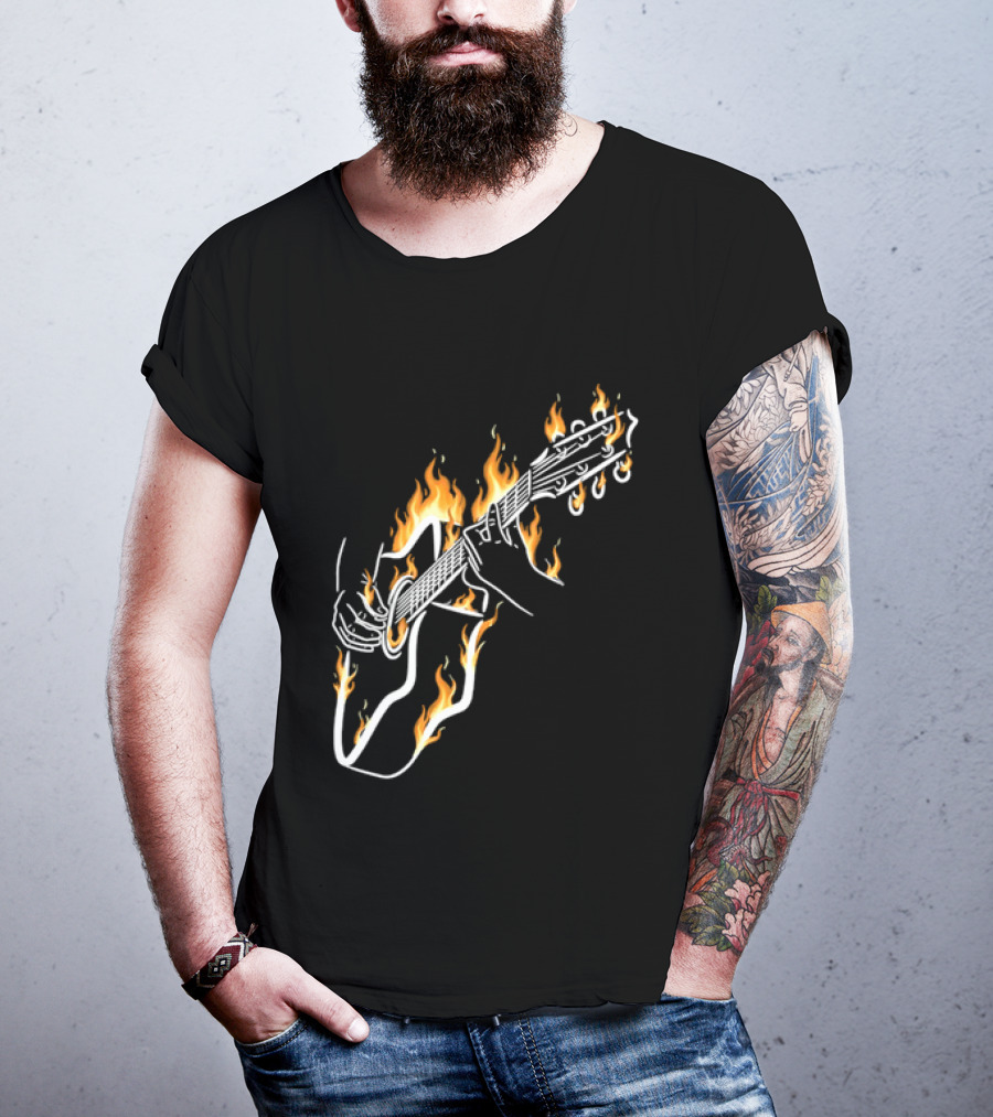 Musician Hands Flaming Acoustic Guitar White Line Artistry T-Shirt