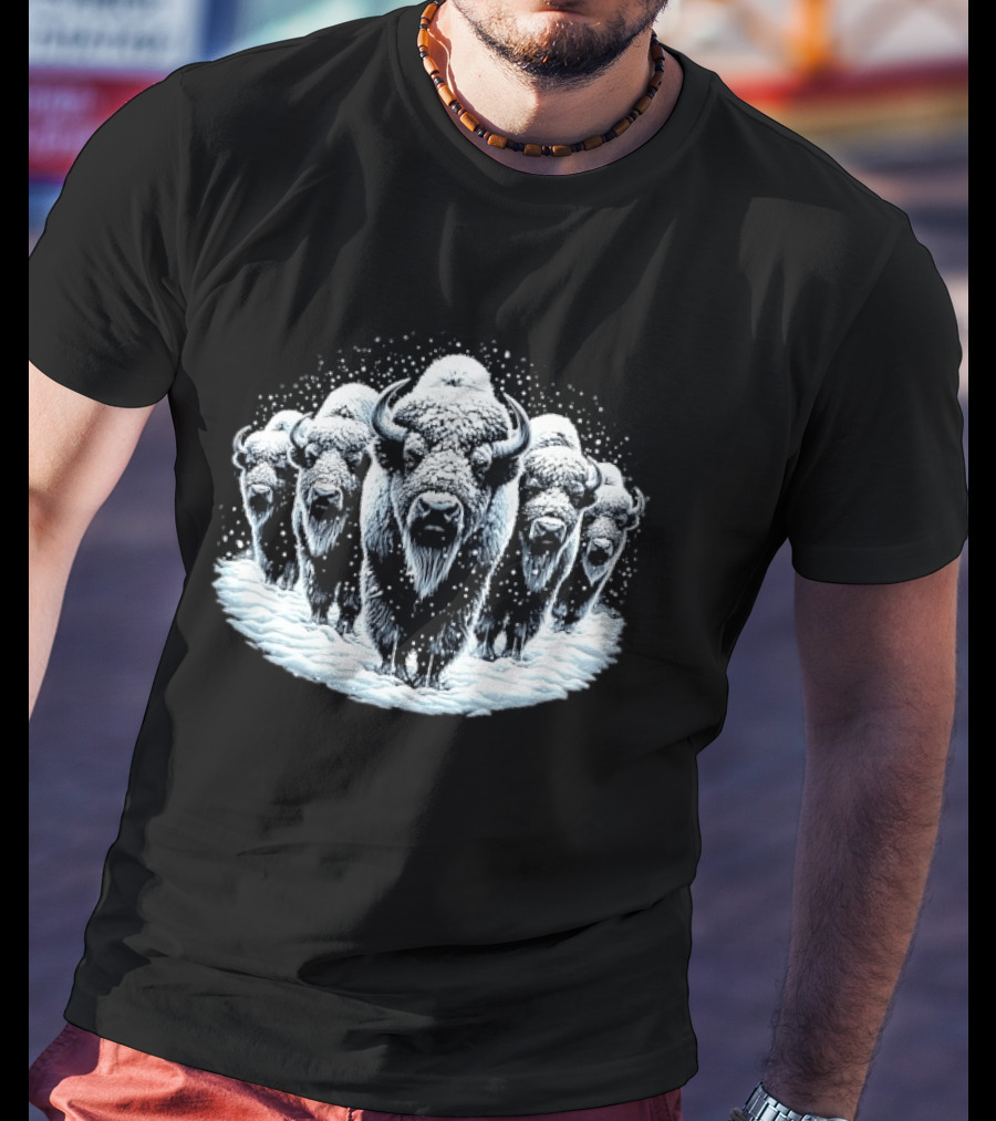 Five Snowbound American Bison Herd Winter Blizzard Snowdrift T-Shirt