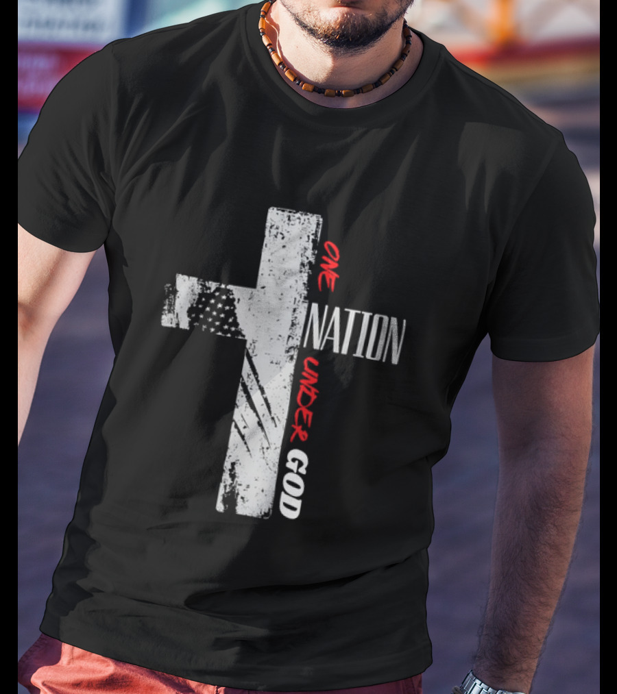 One Nation Under God Distressed Cross American Flag Stars T-Shirt