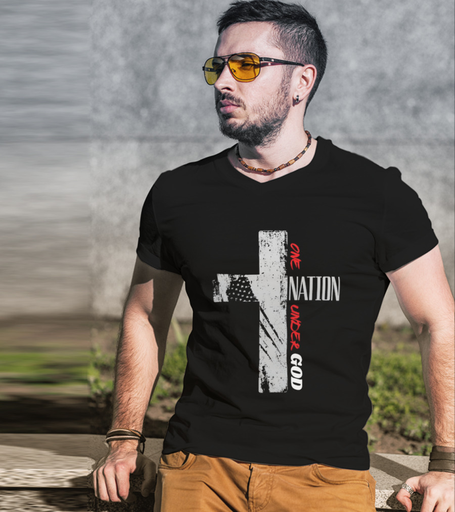 One Nation Under God Distressed Cross American Flag Stars T-Shirt