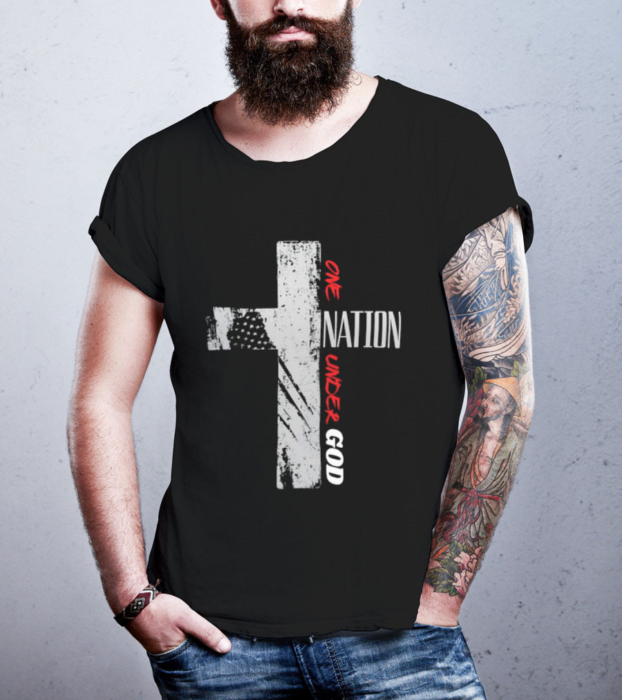 One Nation Under God Distressed Cross American Flag Stars T-Shirt