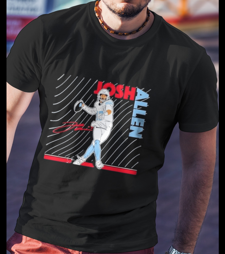 Josh Allen Quarterback Throwing Football Wavy Line Illustration With Bold Name T-Shirt