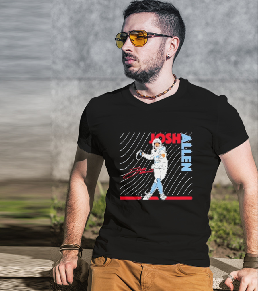 Josh Allen Quarterback Throwing Football Wavy Line Illustration With Bold Name T-Shirt