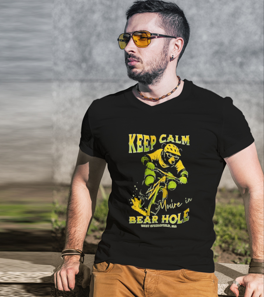 Keep Calm You're In Bear Hole West Springfield MA Cartoon Animal Riding Mountain Bike Helmet Sunglasses T-Shirt