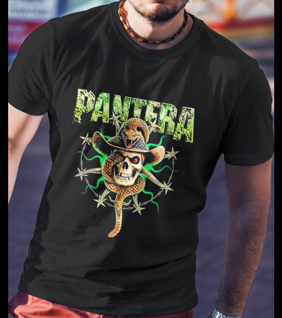 Pantera Rattlesnake Coiled Skull Cowboy Hat Green Glow T-Shirt