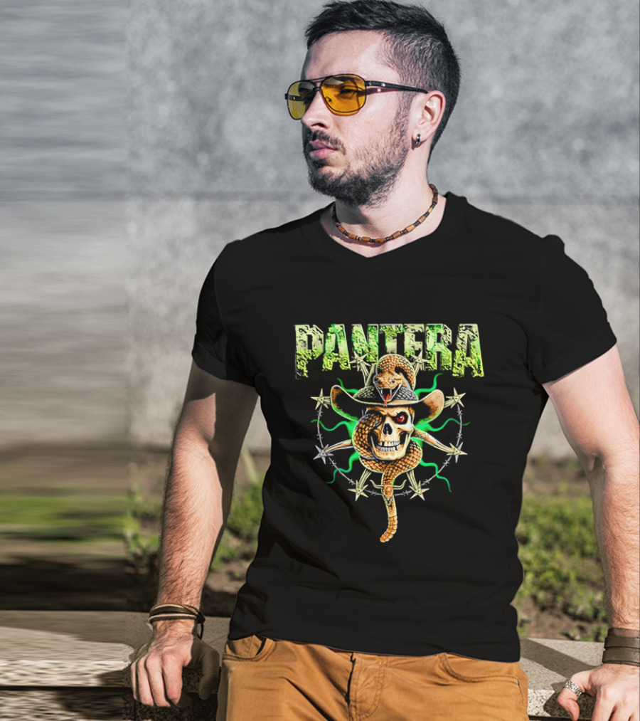 Pantera Rattlesnake Coiled Skull Cowboy Hat Green Glow T-Shirt