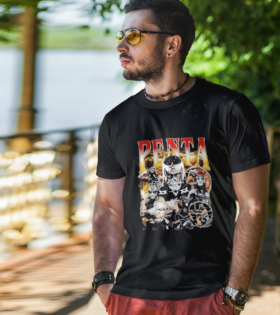Penta Masked Luchador Wrestler Belt Photo Collage Bootleg T-Shirt