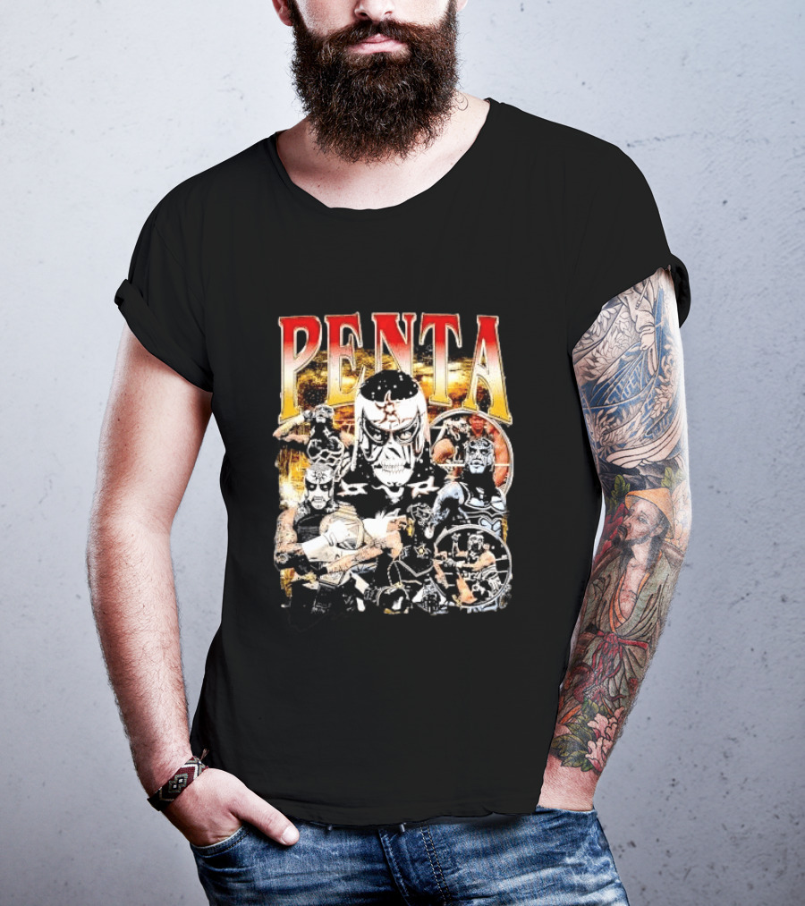 Penta Masked Luchador Wrestler Belt Photo Collage Bootleg T-Shirt