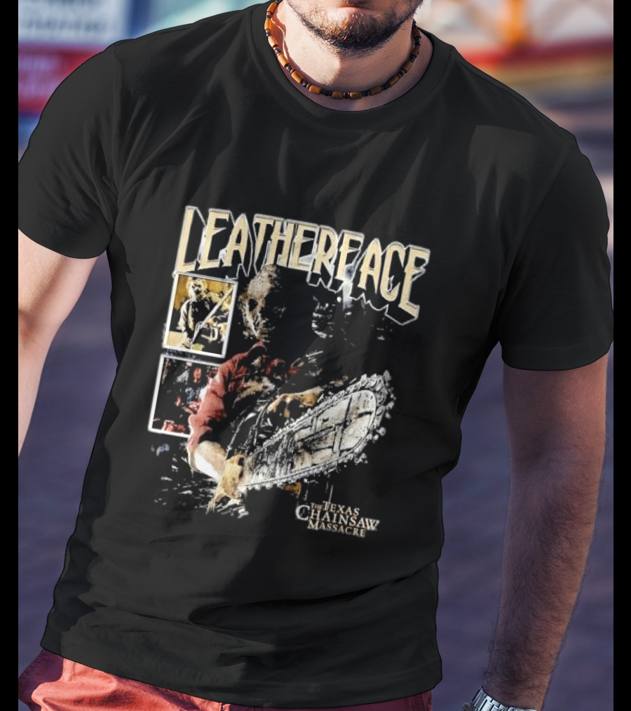 Leatherface Texas Chainsaw Massacre Horror Collage Holding Saw T-Shirt