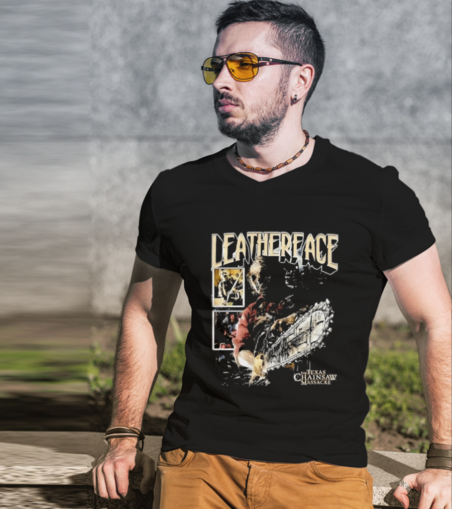 Leatherface Texas Chainsaw Massacre Horror Collage Holding Saw T-Shirt