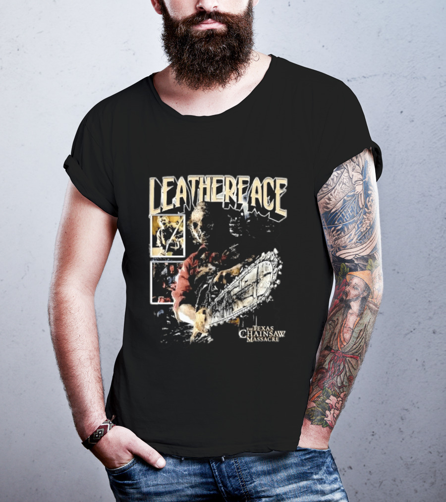 Leatherface Texas Chainsaw Massacre Horror Collage Holding Saw T-Shirt