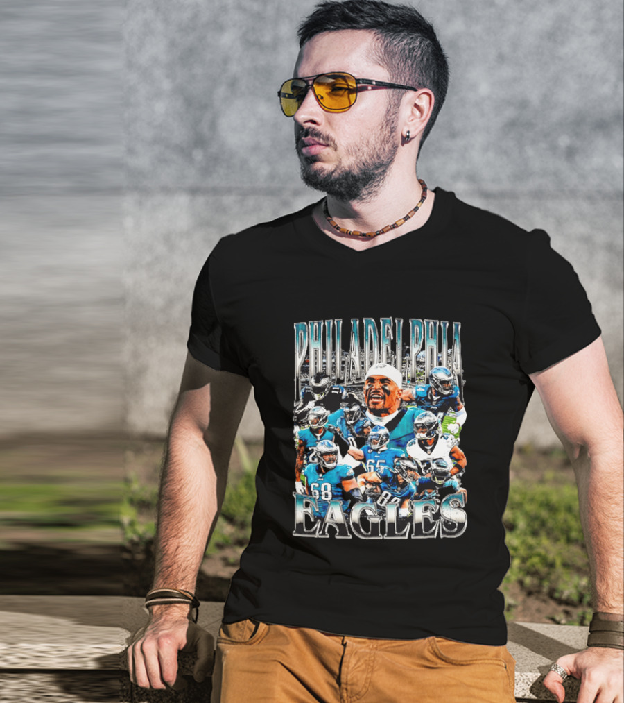 Philadelphia Eagles Player Photo Collage Screaming Metallic Bootleg T-Shirt