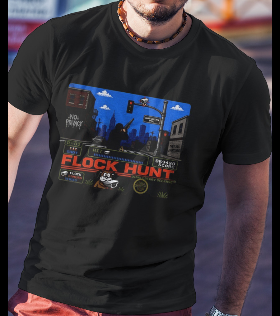 Flock Hunt Surveillance Camera Shooter Dog Video Game No Privacy Dingleberry Defense T-Shirt