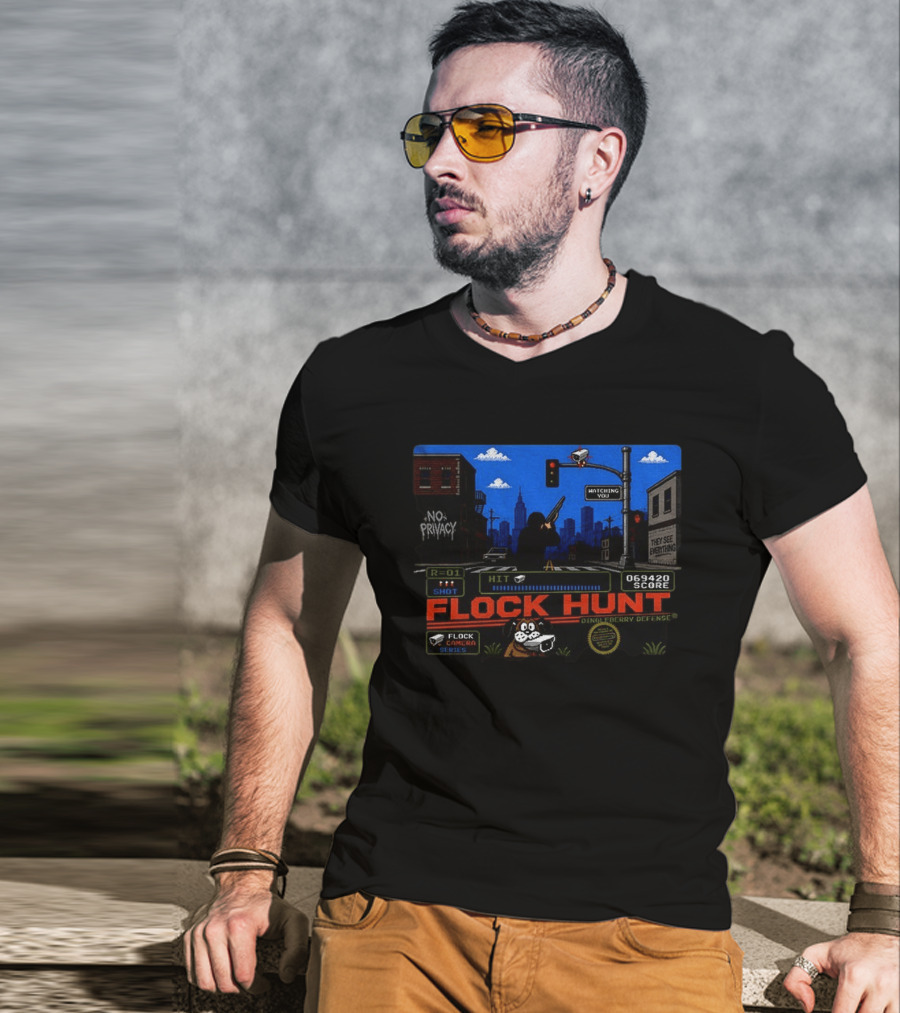 Flock Hunt Surveillance Camera Shooter Dog Video Game No Privacy Dingleberry Defense T-Shirt