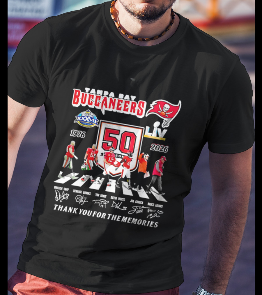 Tampa Bay Buccaneers 50th Anniversary Thank You For The Memories Warren Sapp Derrick Brooks Abbey Road Crosswalk 1976 2026 T-Shirt